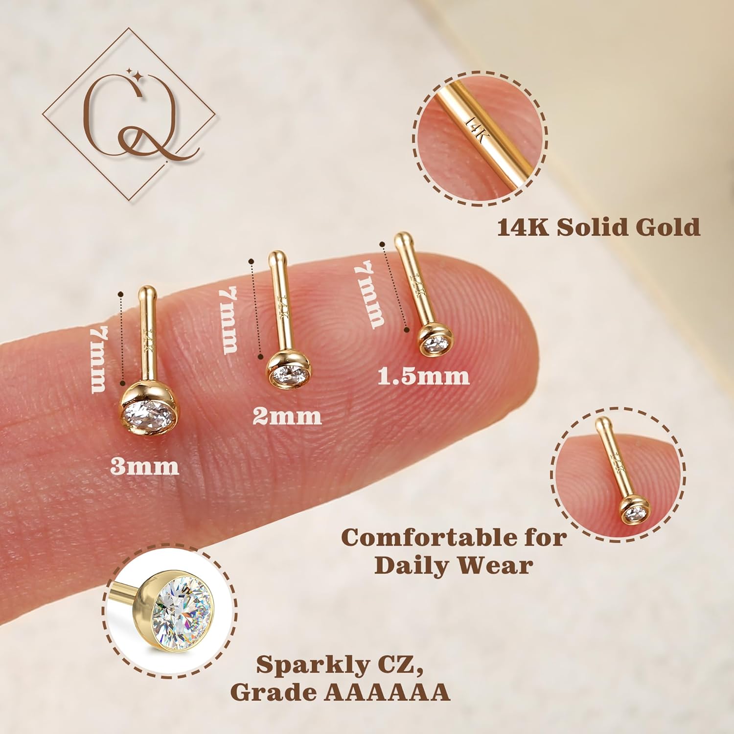 18G 20G Straight Nose Rings Simulated Diamond CZ Nose Studs Hypoallergenic Nose Piercings - QIAO CrystalQIAO CrystalQIAO Crystal