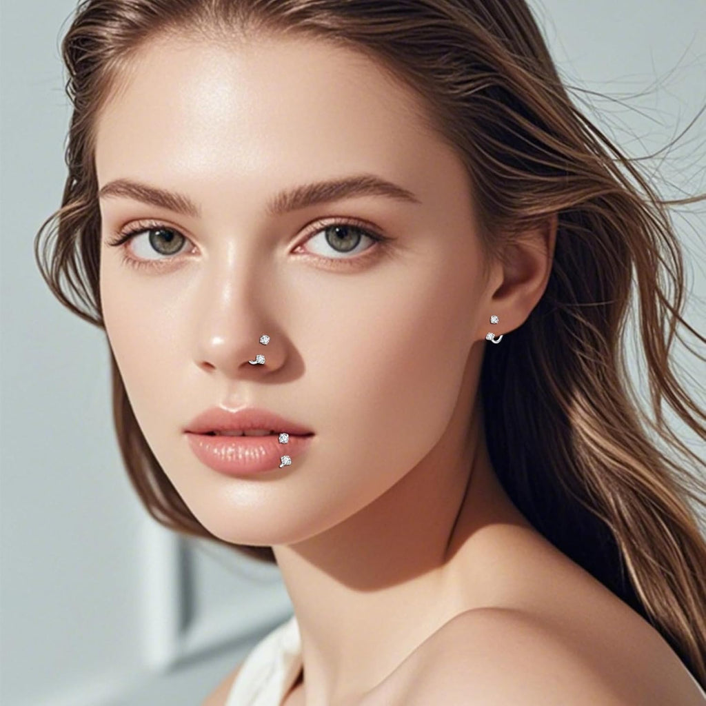 18G Horseshoe Nose Rings Surgical Steel Nose Ring White Cubic Zirconia Nose Piercing,Internally Threaded Nose Rings For Women Ball Grabberand and Taper - QIAO CrystalQIAO CrystalQIAO Crystal