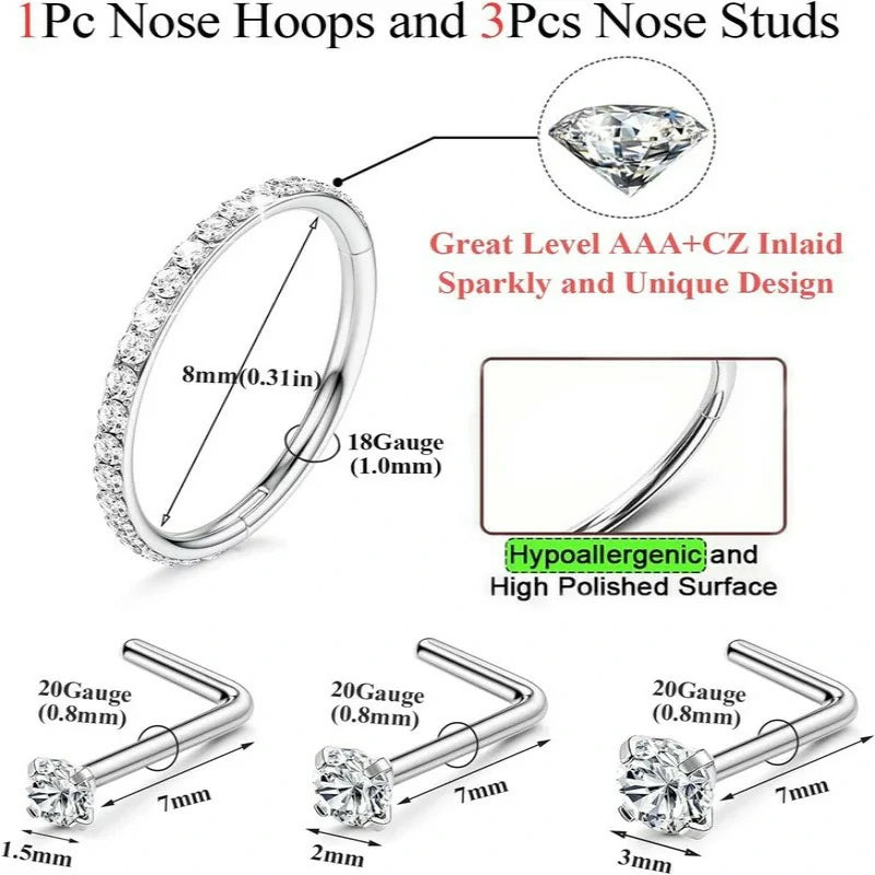 s18G/16G Nose Rings Hoop and 20g Nose Stud Sets Gold Silver L Shape/Corkscrew Nose Studs