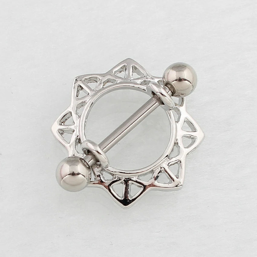 1 Pair of Surgical Steel Tribal Sun Nipple Ring Shields