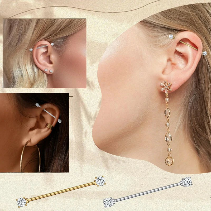 1Pcs Gold Sliver Industrial 14G Titanium Steel Cubic Zircon Industrial Bar