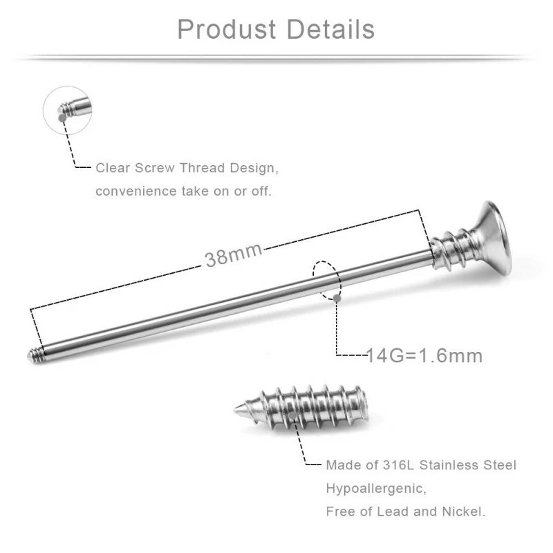1 Pcs Screw Industrial Barbell Earring 14 Gauge Cartilage Body Piercing 1.5 Inch(38mm)