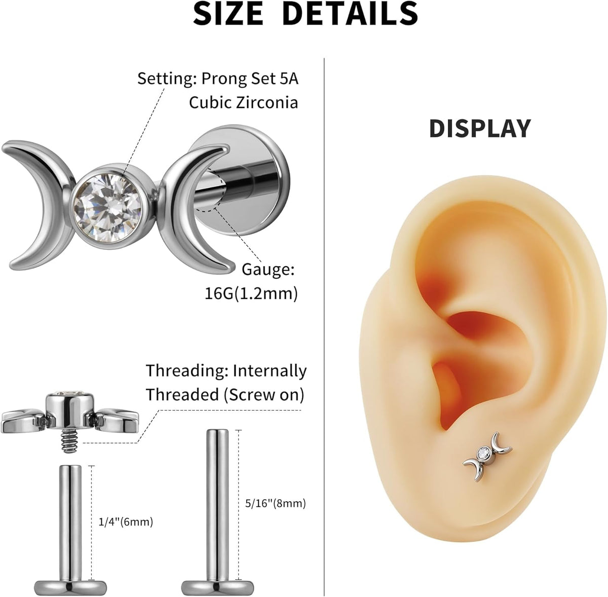 1PC 16G 6mm 8mm ASTM F136 Titanium Cartilage Earring Flat Back Stud - QIAO CrystalQIAO CrystalQIAO Crystal