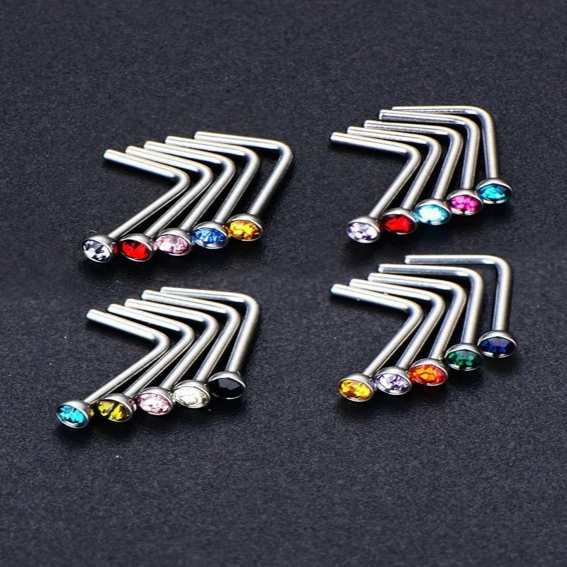 20 Pieces Curved Nose Stud Stainless Steel Nose Ring Crystals L Bend Nose Screw Piercing