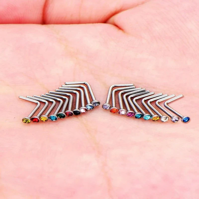 20 Pieces Curved Nose Stud Stainless Steel Nose Ring Crystals L Bend Nose Screw Piercing