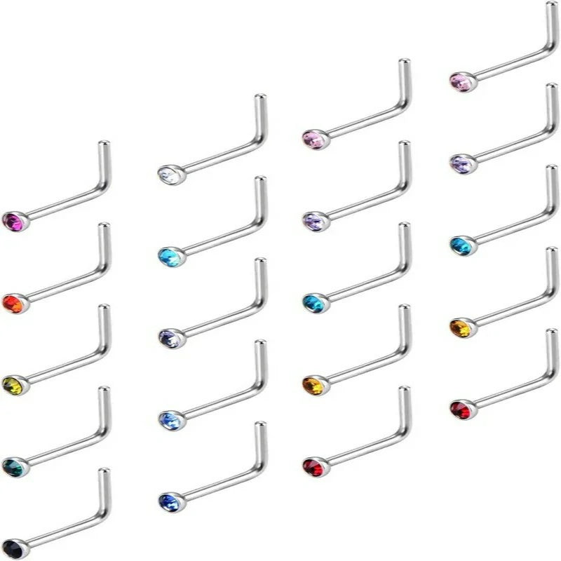 20 Pieces Curved Nose Stud Stainless Steel Nose Ring Crystals L Bend Nose Screw Piercing