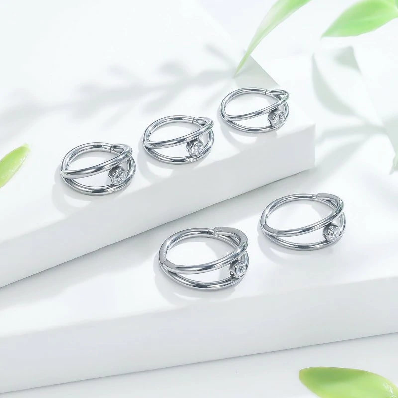 20G 18G 16G Titanium Nose Rings Hoops Double Open Stack CZ Clicker Hinged Septum