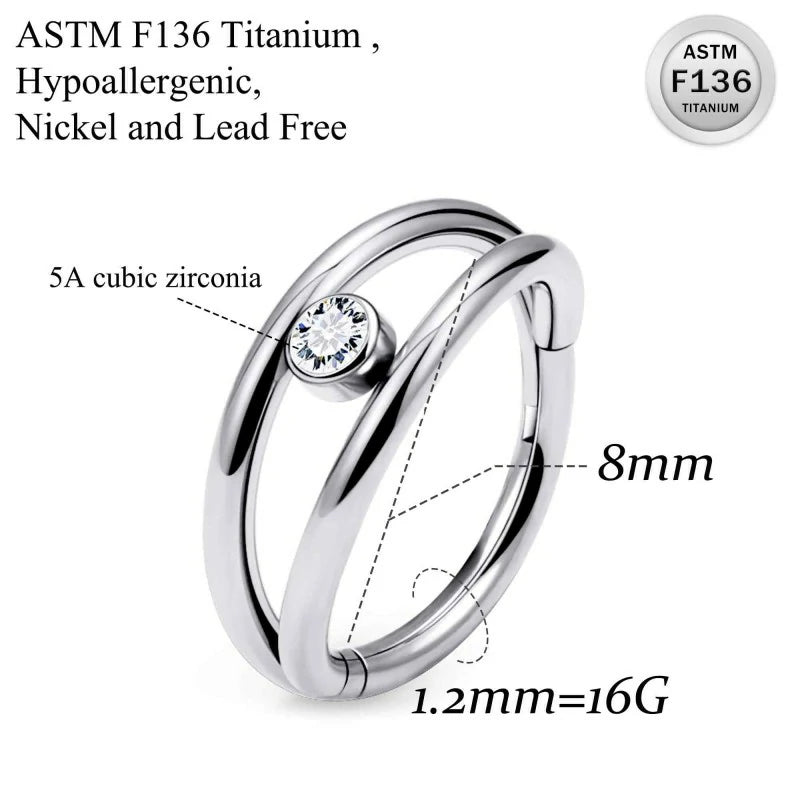 20G 18G 16G Titanium Nose Rings Hoops Double Open Stack CZ Clicker Hinged Septum