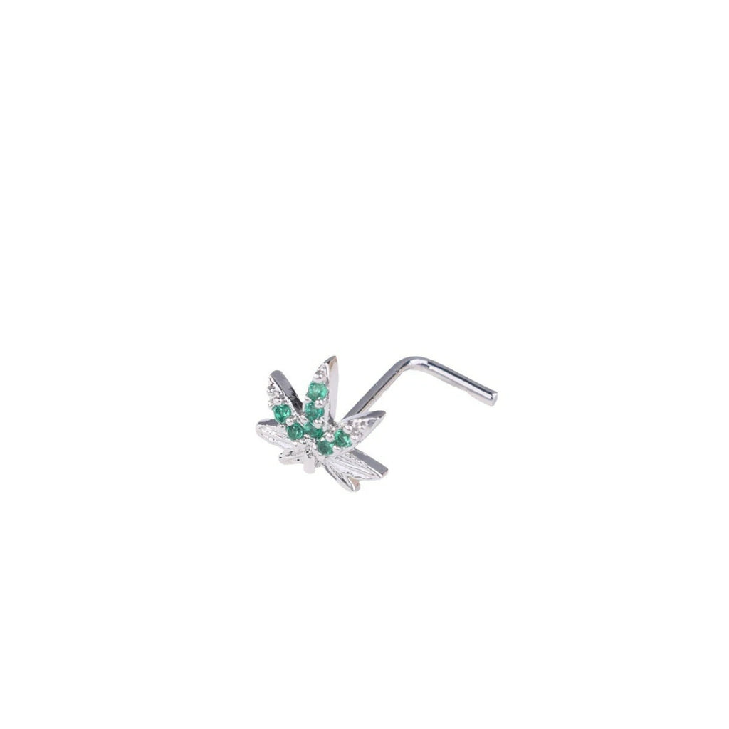 20GA 316L Stainless Steel CZ Crystal Paved Pot Leaf Top L-Bend Nose Stud