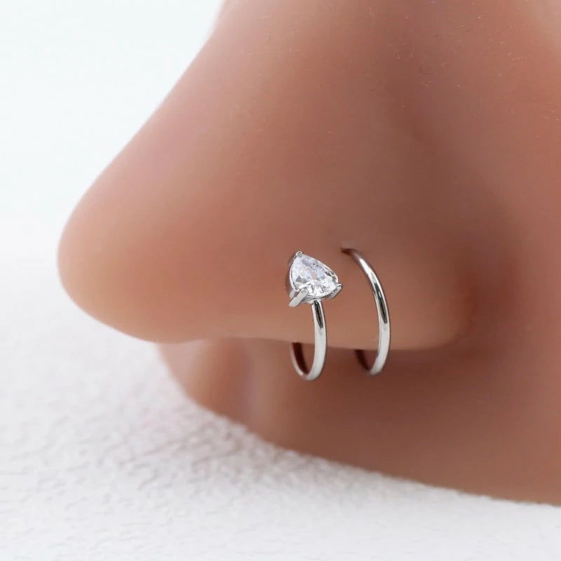 20 Gauge 10mm Thin Double Nose Ring Hoop for Single Piercing, Surgical Steel Silver Spiral Twist Nose Jewelry