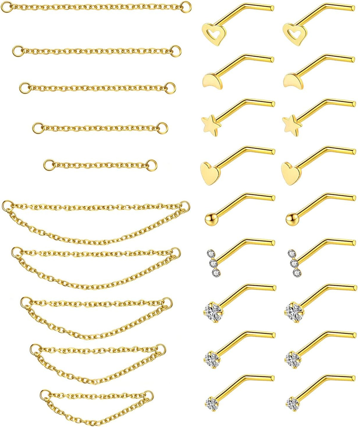 20G Stainless Steel Nose Ring Stud Nose Ring Chain Double Nose Stud Heart - QIAO CrystalQIAO CrystalQIAO Crystal