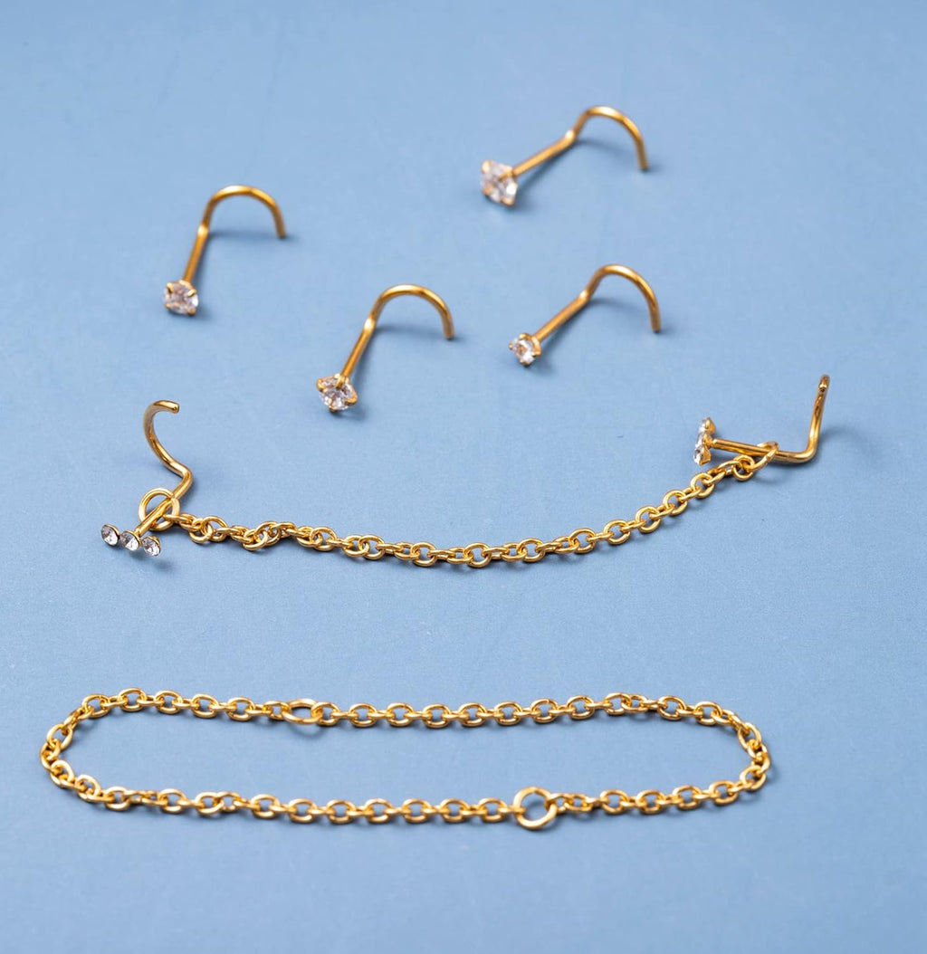 20G Stainless Steel Nose Ring Stud Nose Ring Chain Double Nose Stud Heart - QIAO CrystalQIAO CrystalQIAO Crystal