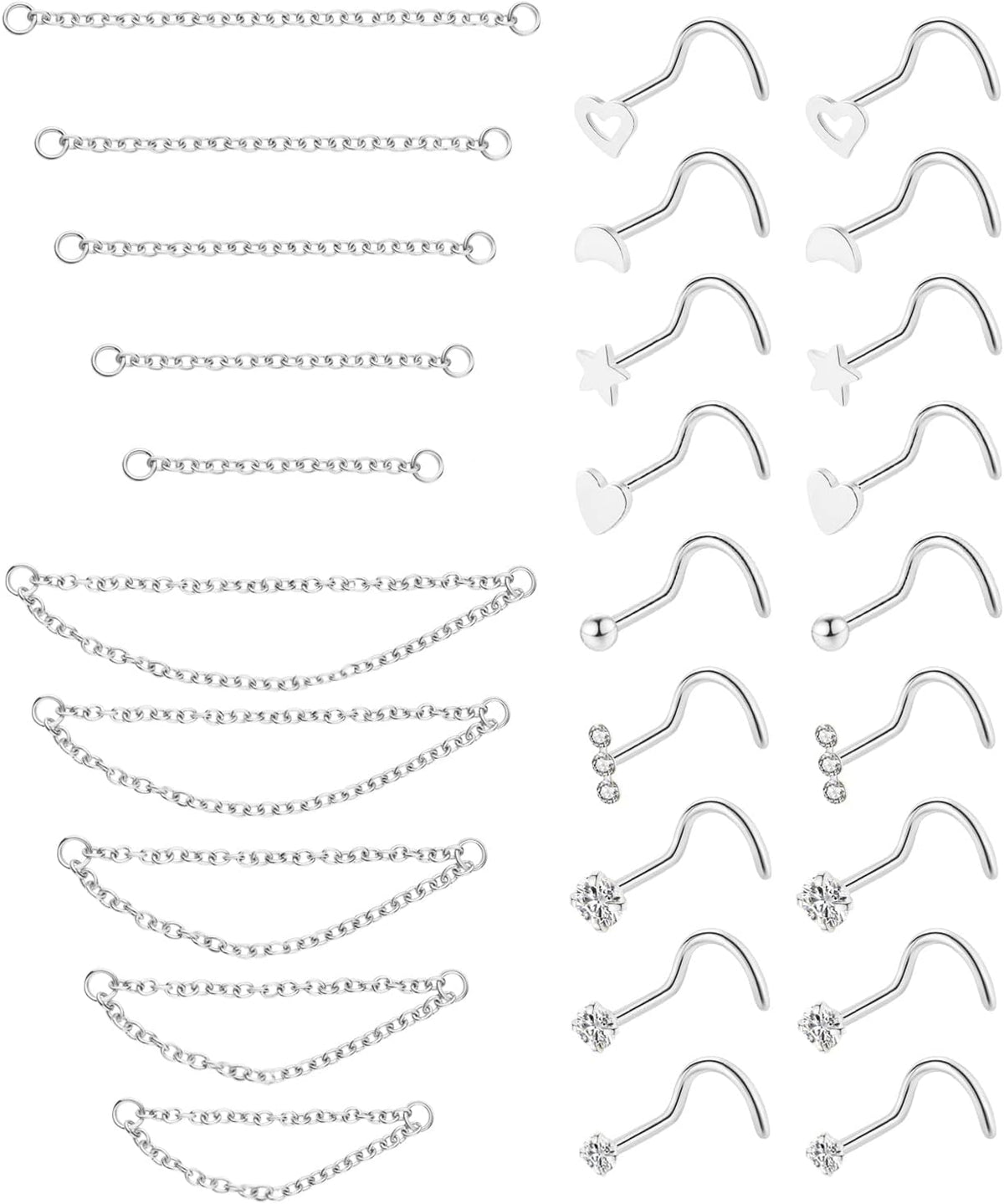 20G Stainless Steel Nose Ring Stud Nose Ring Chain Double Nose Stud Heart - QIAO CrystalQIAO CrystalQIAO Crystal