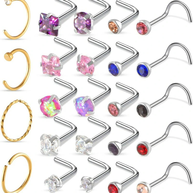 Gold-Tone CZ 20G Surgical Stainless Steel Nose Rings Hoops