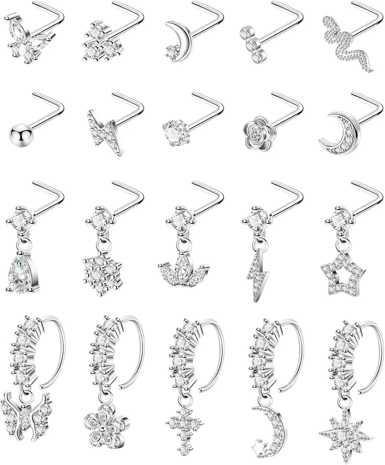 20PCS 20G Surgical Steel Dangle Nose Rings L Shaped Nose Studs Dangling