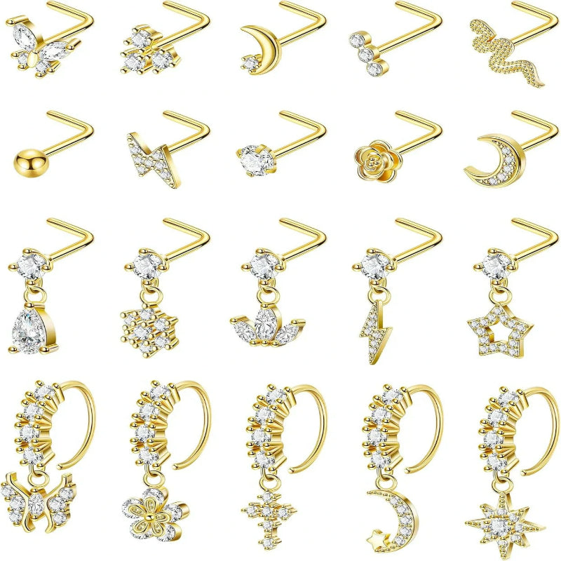 20PCS 20G Surgical Steel Dangle Nose Rings L Shaped Nose Studs Dangling