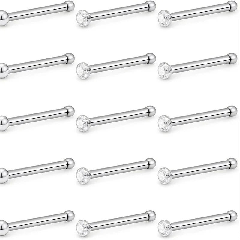 1.5mm 2mm 2.5mm 3mm 22G 20PCS Surgical Steel Bone Nose Rings Pin Clear Diamond