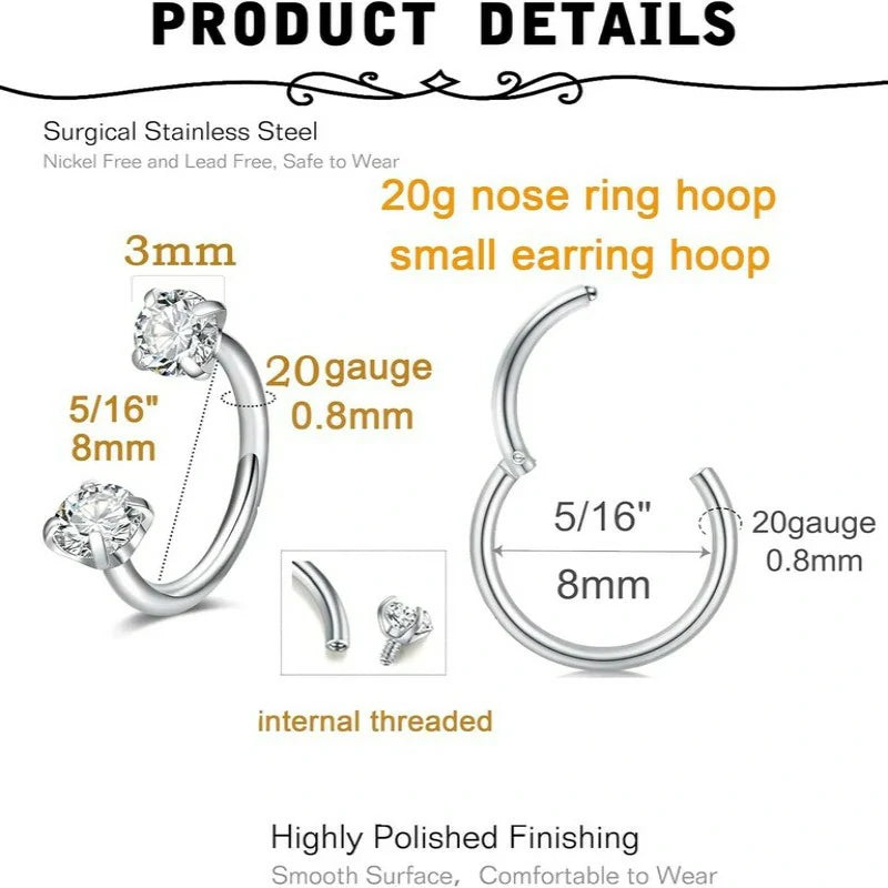 18g 20g 22g Nose Rings Hoops Silver Gold Hoop Nose Ring Surgical Steel Hypoallergenic