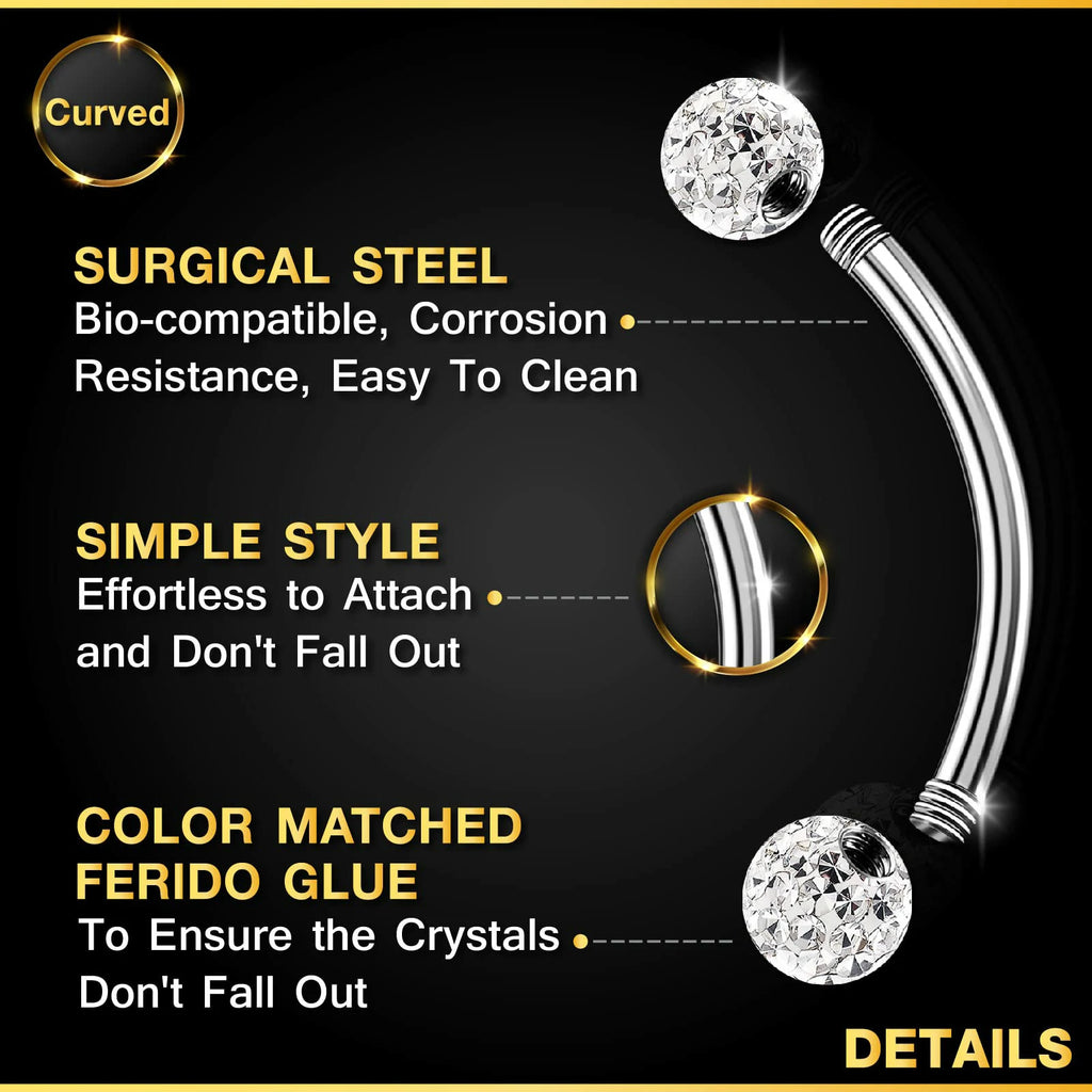 2PCS Surgical Steel Curved Barbell Ring Clear Crystal Ball Tragus Earrings