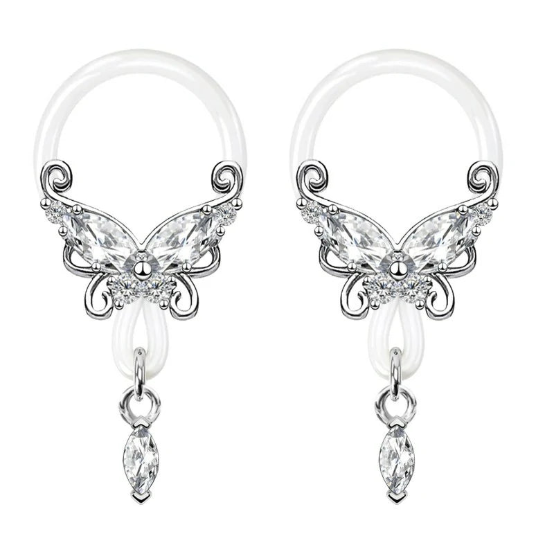 2 Pcs Butterfly Fake Nipple Rings CZ Nipple Noose Nipple Jewelry