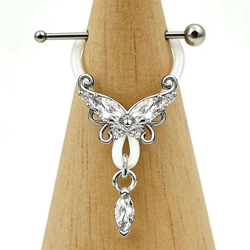 2 Pcs Butterfly Fake Nipple Rings CZ Nipple Noose Nipple Jewelry