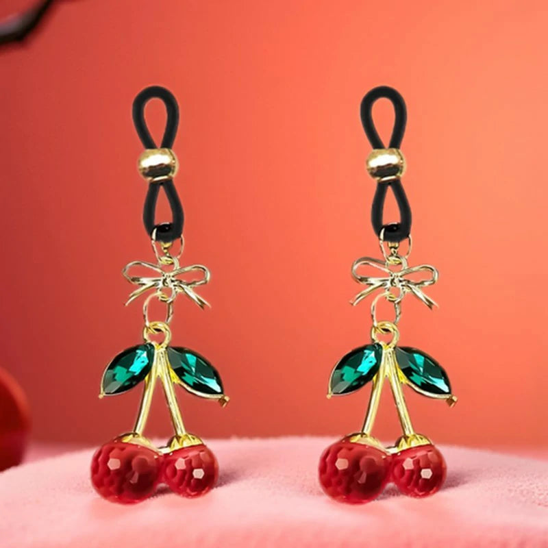 2 Pcs Rhinestone Cherry Fake Nipple Rings