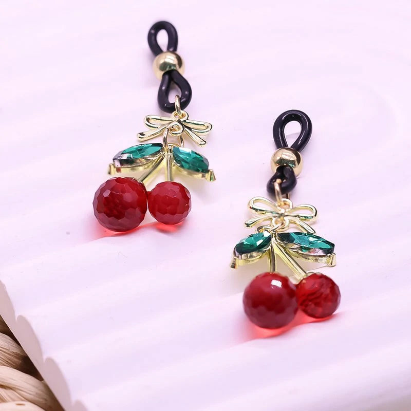 2 Pcs Rhinestone Cherry Fake Nipple Rings