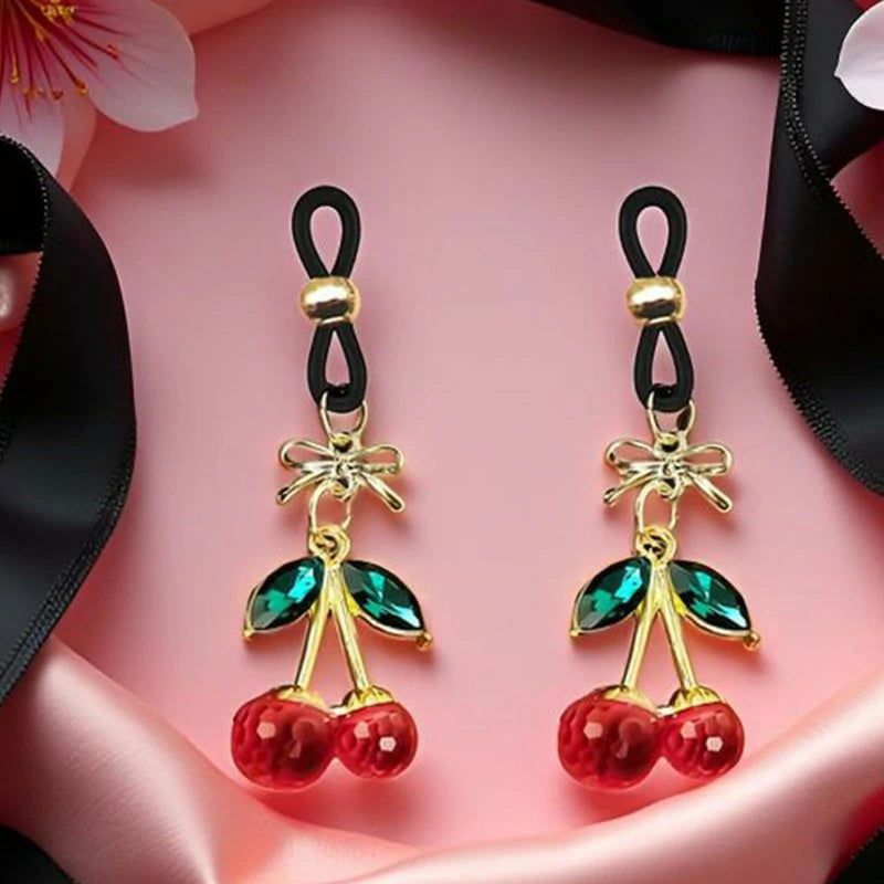 2 Pcs Rhinestone Cherry Fake Nipple Rings
