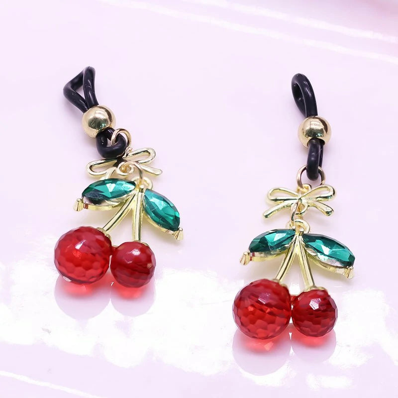 2 Pcs Rhinestone Cherry Fake Nipple Rings