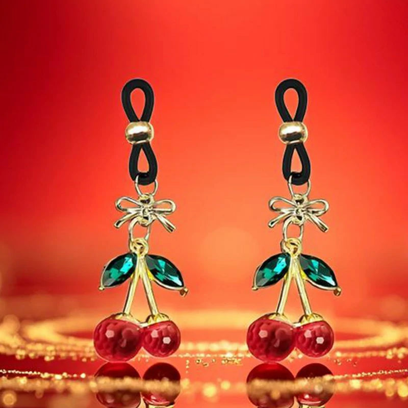 2 Pcs Rhinestone Cherry Fake Nipple Rings