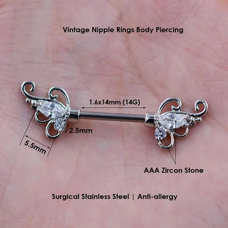 2Pcs Vintage Flower Nipplerings 14G Stainless Steel Straight Barbell Nipple Ring