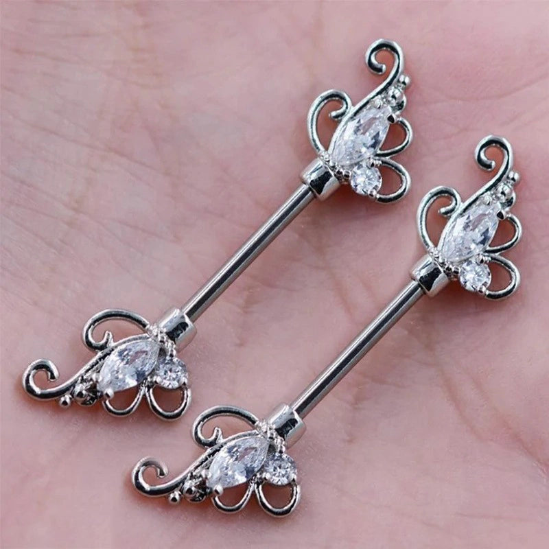 2Pcs Vintage Flower Nipplerings 14G Stainless Steel Straight Barbell Nipple Ring