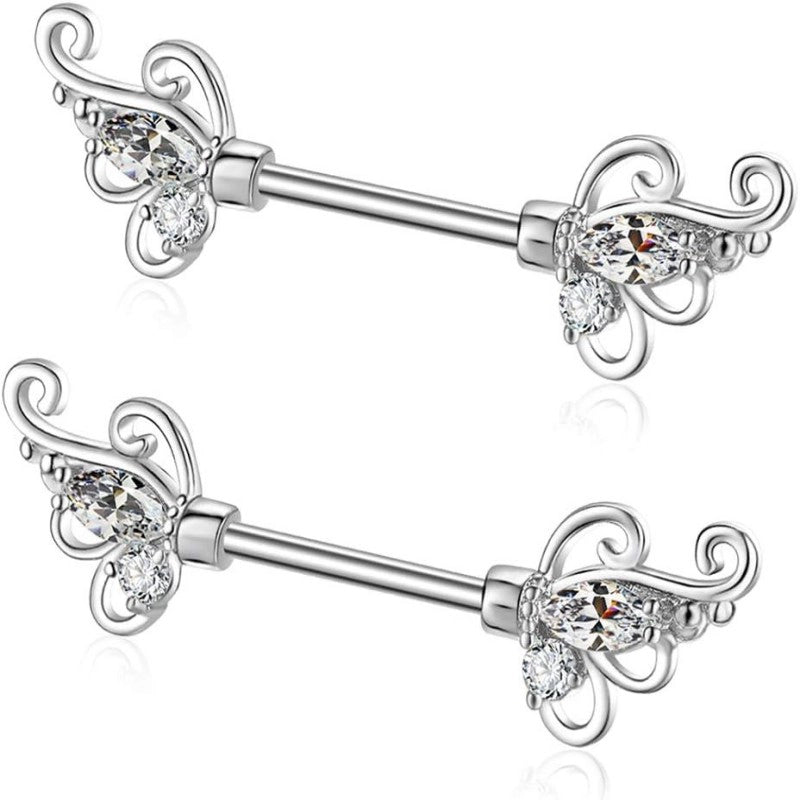 2Pcs Vintage Flower Nipplerings 14G Stainless Steel Straight Barbell Nipple Ring