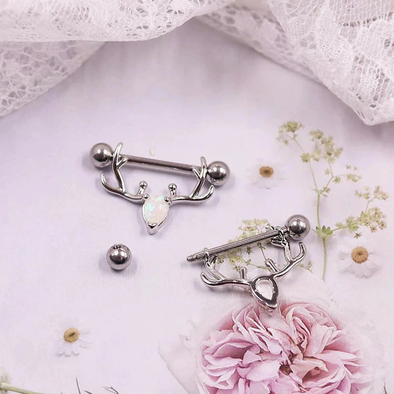 2PCS 14G 316L Stainless Steel Opal Nipple Rings Deer Head Nipple Barbell Nipple Piercings