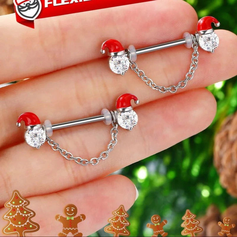 2PCS Christmas Nipple Piercing Jewelry Surgical Steel, Santa Claus Chain