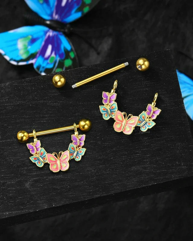2PCS Nipple Rings, 14G Colorful Butterfly Nipple Piercing Jewelry, SurgicaSteel Nipplerings Body Piercing Jewelry