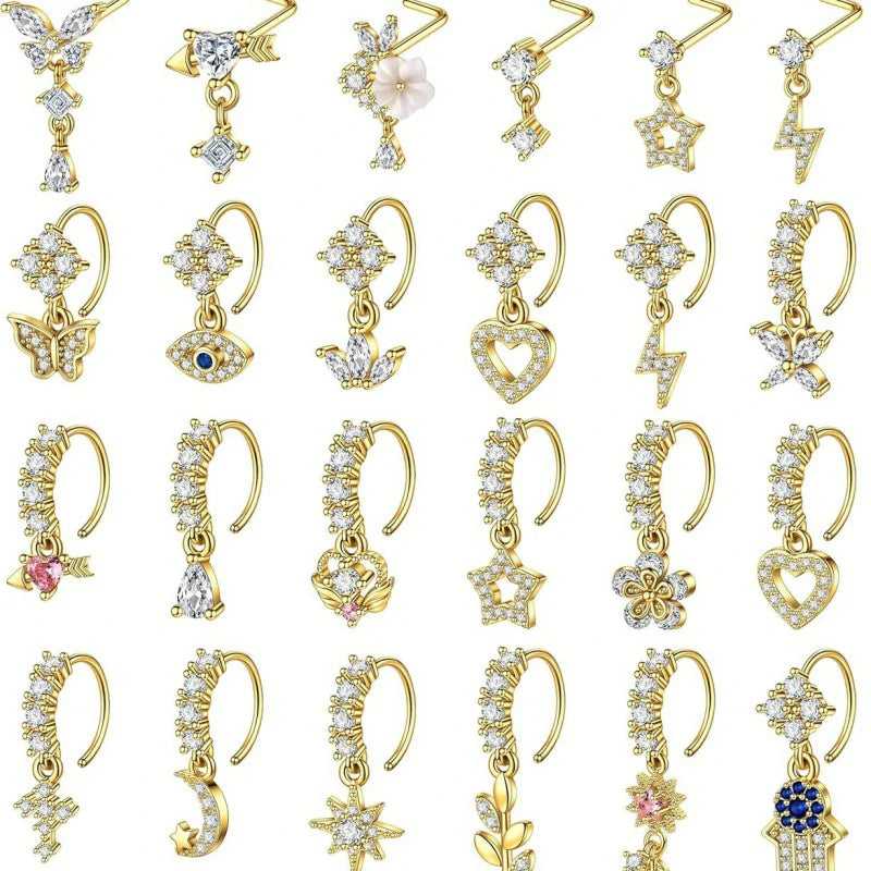 30Pcs 20G Dangle Nose Rings L Shaped Nose Studs Hoops