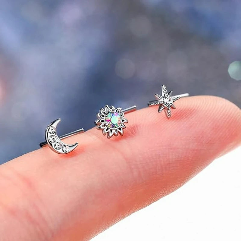 20G Surgical Steel Nose Ring L Shaped Nose Piercing Jewelry Hypoallergenic CZ set