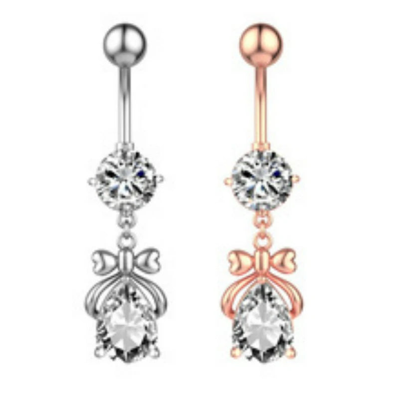 316L Stainless Steel Crystal Bow Butterfly Belly Ring Sparkling Navel Curved Barbell Navel Piercing