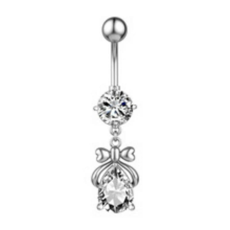 316L Stainless Steel Crystal Bow Butterfly Belly Ring Sparkling Navel Curved Barbell Navel Piercing