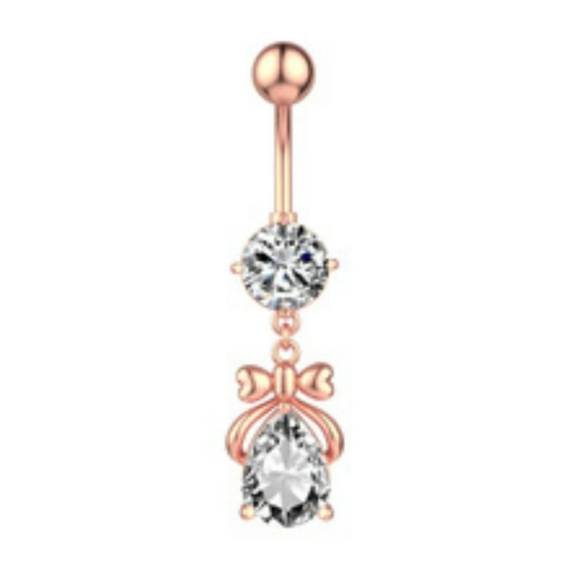 316L Stainless Steel Crystal Bow Butterfly Belly Ring Sparkling Navel Curved Barbell Navel Piercing