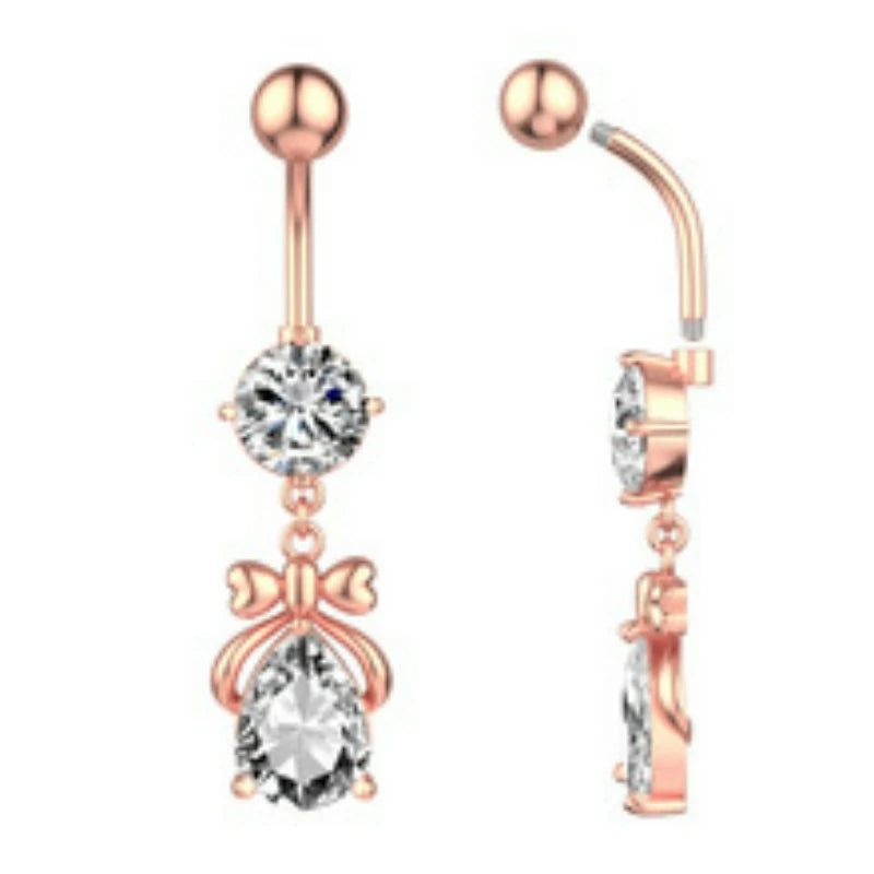 316L Stainless Steel Crystal Bow Butterfly Belly Ring Sparkling Navel Curved Barbell Navel Piercing