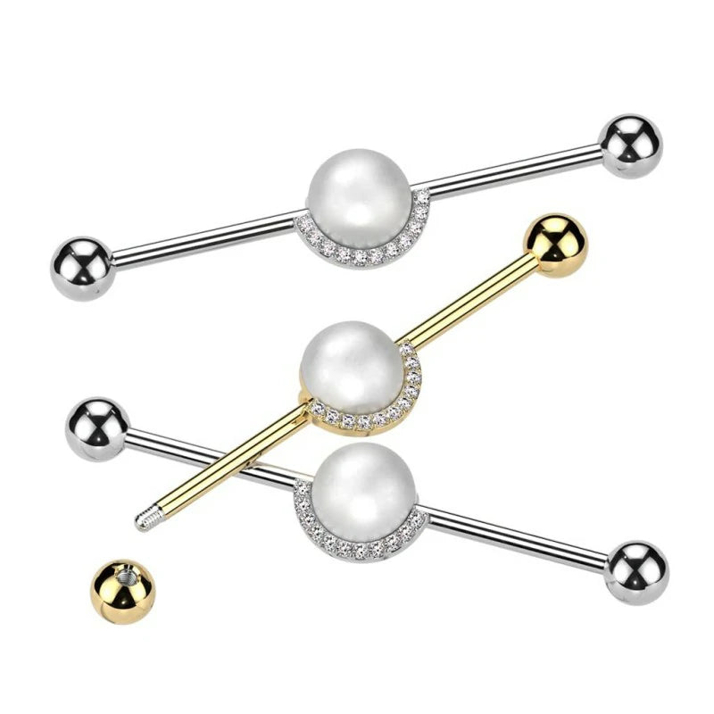 14GA 316L Stainless Steel Synthetic Pearl Center with Half CZ Crystal Edge Industrial Barbell