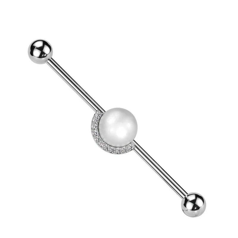 14GA 316L Stainless Steel Synthetic Pearl Center with Half CZ Crystal Edge Industrial Barbell