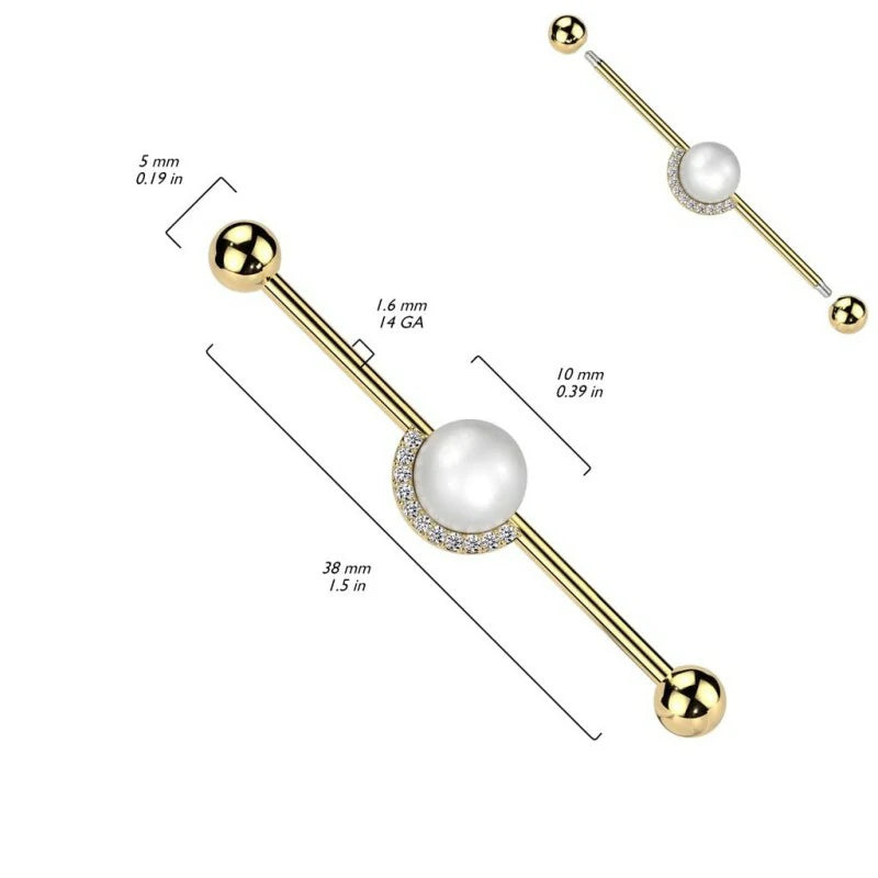 14GA 316L Stainless Steel Synthetic Pearl Center with Half CZ Crystal Edge Industrial Barbell