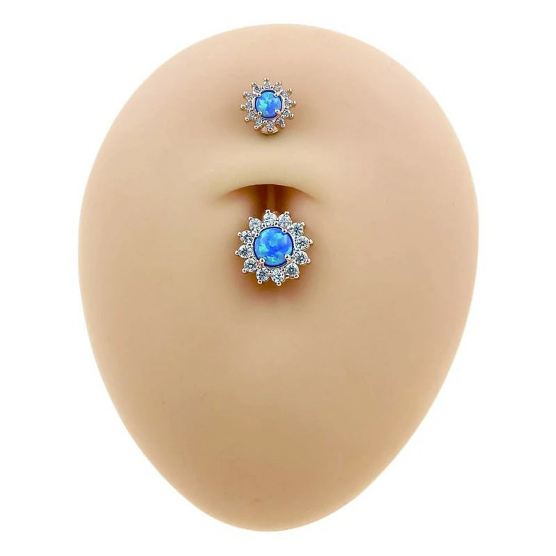 316L Surgical SS 14G White Blue Sun Flower CZ Opal Body Jewelry Shiny Belly Button Rings