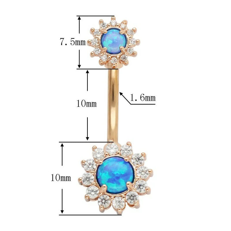 316L Surgical SS 14G White Blue Sun Flower CZ Opal Body Jewelry Shiny Belly Button Rings