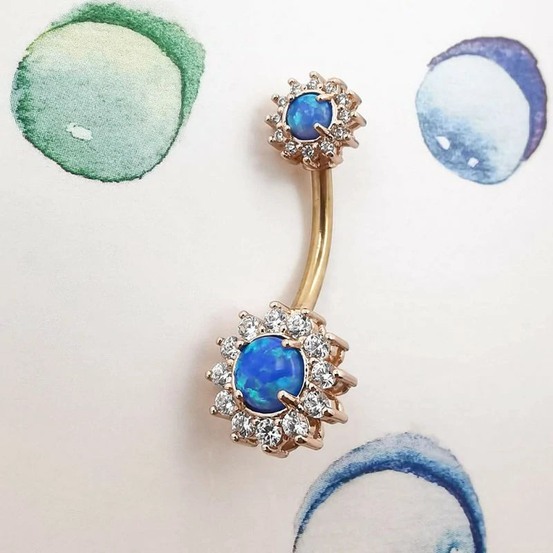 316L Surgical SS 14G White Blue Sun Flower CZ Opal Body Jewelry Shiny Belly Button Rings