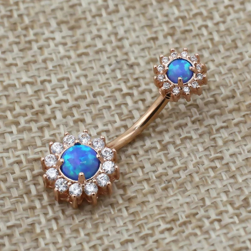 316L Surgical SS 14G White Blue Sun Flower CZ Opal Body Jewelry Shiny Belly Button Rings