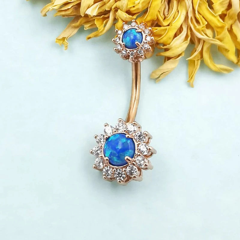 316L Surgical SS 14G White Blue Sun Flower CZ Opal Body Jewelry Shiny Belly Button Rings